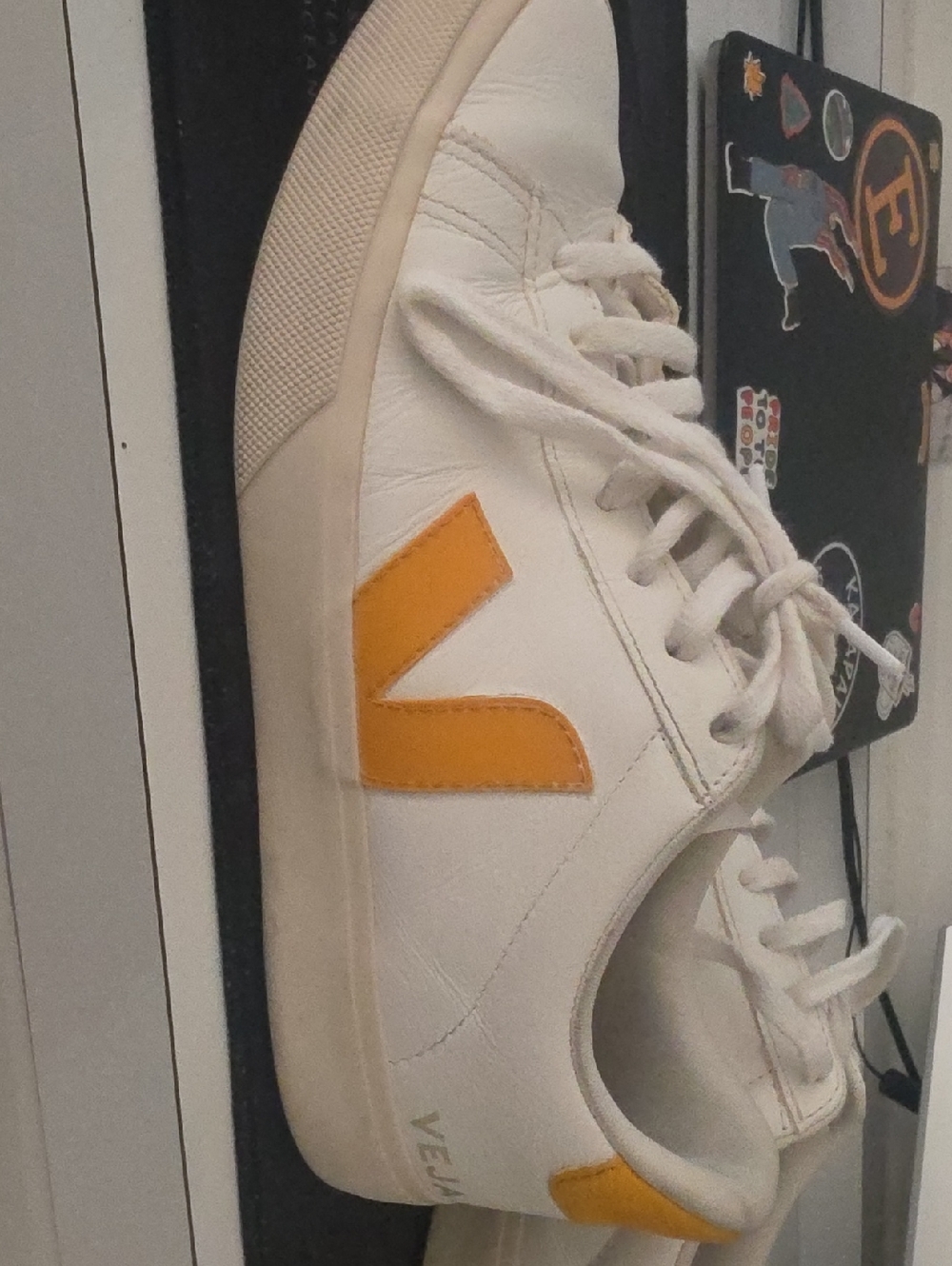 Veja White Leather Sneaker with Yellow V Accent